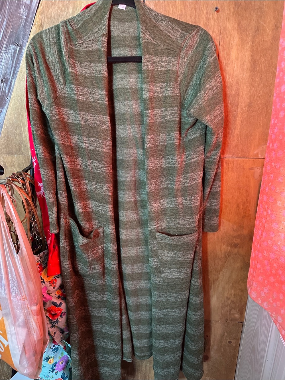 LuLaRoe Olive and Teal Striped Long Open-Front Cardigan